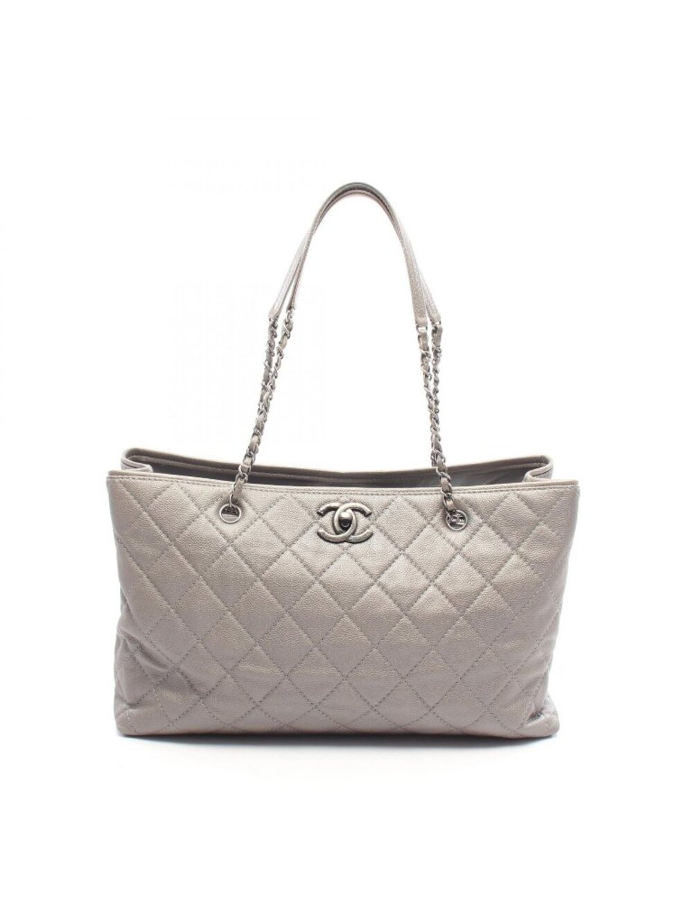 Chanel Tote Bag Quilted Chain Antique Silver Gray Caviar Leather